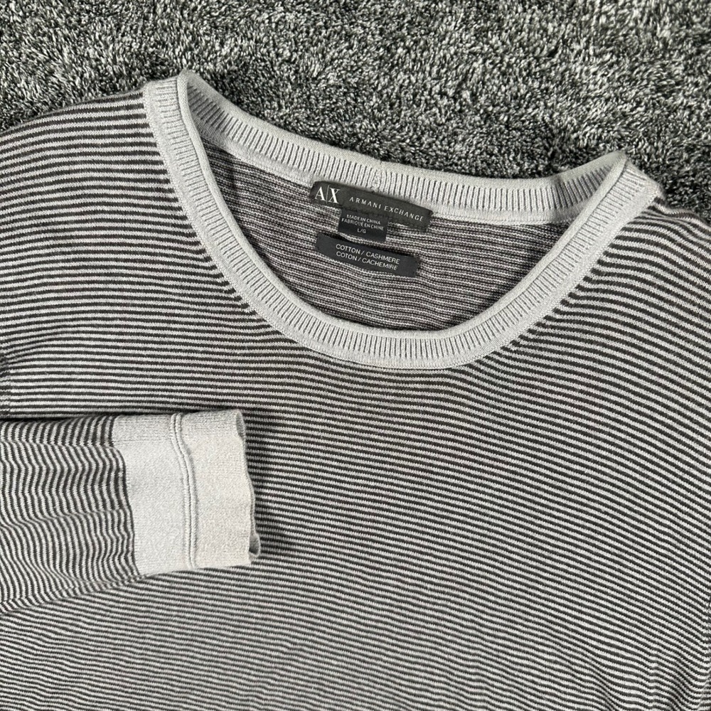 Armani Exchange Sweater Mens L Grey Striped Cotton Cashmere Pullover Crew Neck